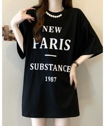 パール付きプリントルーズTシャツ