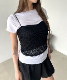 4INT.（フォイント）の「【インナー/レイヤード使いにもおすすめ】総レース Vネック シャーリング シースルー クロップド キャミソール（キャミソール）」
