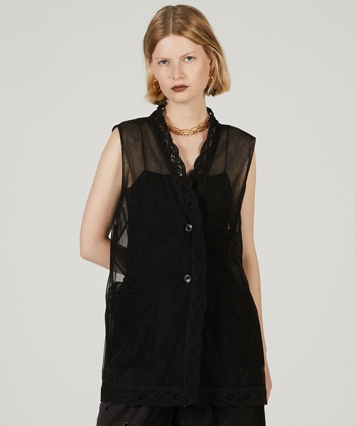 PRANK PROJECT（プランクプロジェクト）の「トリムレースチュールジレ / Trimmed Lace Tulle Gilet（その他トップス・レディース・ブラック/ホワイト・FREE）」の7枚目の写真