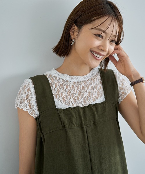 下に着る半袖レーシィーストレッチトップス（Tシャツ/カットソー