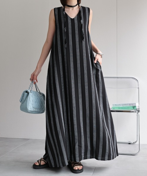 pium ベルトストライプワンピース　ブラック ベルトストライプワンピース – pium
