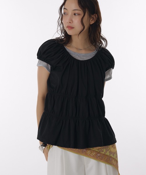 【美品】litmus gather puffy top パフィートップス スムースタッチパッドin Layeredハーフトップス