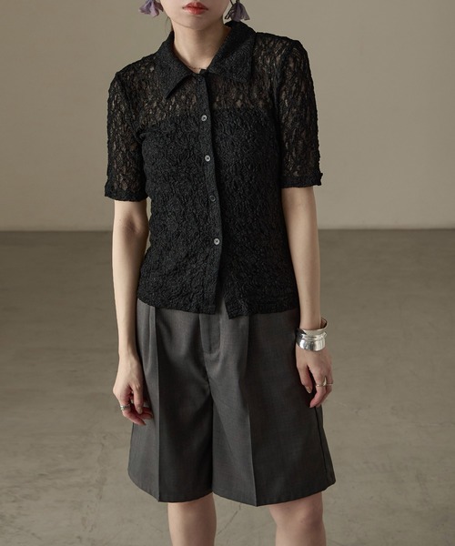 Fashion Letter（ファッションレター）の「レース タイト半袖シャツ Tシャツ（シャツ/ブラウス・レディース・ブラック/オフホワイト・FREE）」の2枚目の写真