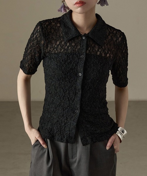 Fashion Letter（ファッションレター）の「レース タイト半袖シャツ Tシャツ（シャツ/ブラウス・レディース・ブラック/オフホワイト・FREE）」の11枚目の写真