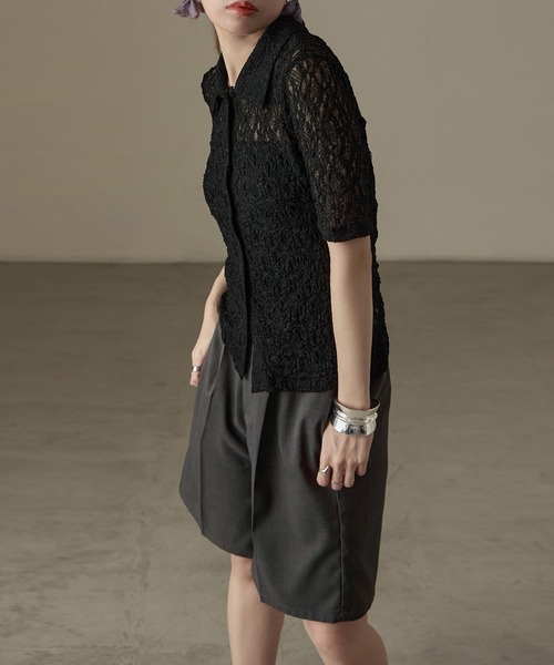 Fashion Letter（ファッションレター）の「レース タイト半袖シャツ Tシャツ（シャツ/ブラウス・レディース・ブラック/オフホワイト・FREE）」の10枚目の写真