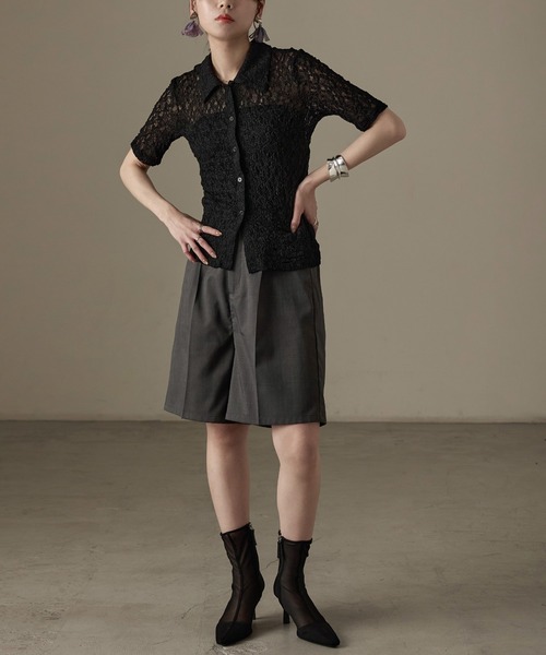 Fashion Letter（ファッションレター）の「レース タイト半袖シャツ Tシャツ（シャツ/ブラウス・レディース・ブラック/オフホワイト・FREE）」の9枚目の写真