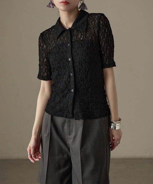 Fashion Letter（ファッションレター）の「レース タイト半袖シャツ Tシャツ（シャツ/ブラウス・レディース・ブラック/オフホワイト・FREE）」の8枚目の写真