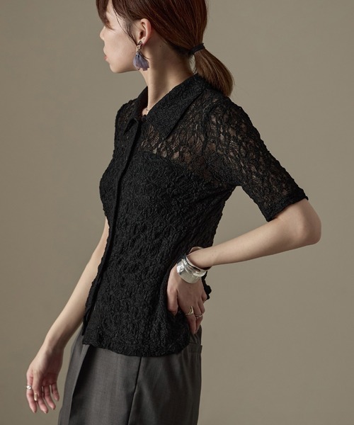 Fashion Letter（ファッションレター）の「レース タイト半袖シャツ Tシャツ（シャツ/ブラウス・レディース・ブラック/オフホワイト・FREE）」の7枚目の写真