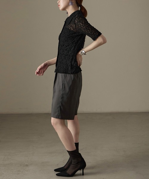 Fashion Letter（ファッションレター）の「レース タイト半袖シャツ Tシャツ（シャツ/ブラウス・レディース・ブラック/オフホワイト・FREE）」の6枚目の写真
