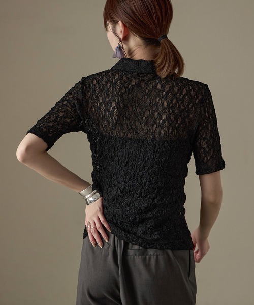 Fashion Letter（ファッションレター）の「レース タイト半袖シャツ Tシャツ（シャツ/ブラウス・レディース・ブラック/オフホワイト・FREE）」の4枚目の写真