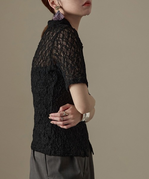 Fashion Letter（ファッションレター）の「レース タイト半袖シャツ Tシャツ（シャツ/ブラウス・レディース・ブラック/オフホワイト・FREE）」の3枚目の写真