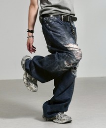 Chikashitsu +（チカシツプラス）の「【Chikashitsu +】oiled wash destroy denim pants / 【チカシツプラス】オイルドウォッシュデストロイデニムパンツ（デニムパンツ）」