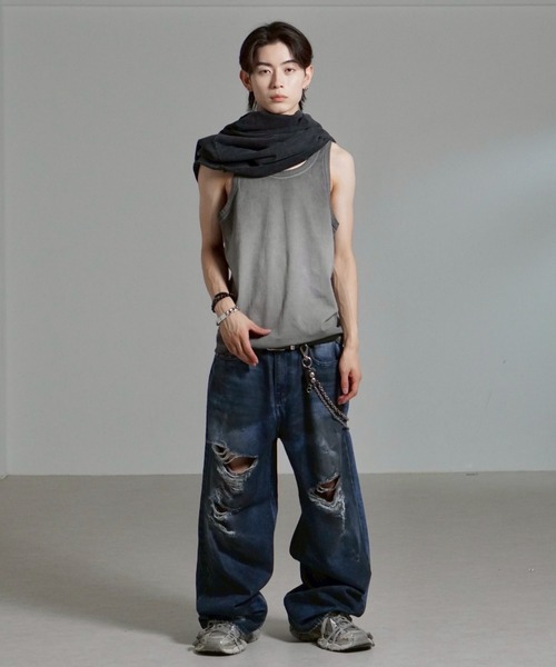 Chikashitsu +(チカシツプラス)の「【Chikashitsu +】oiled wash destroy denim pants / 【チカシツプラス】オイルドウォッシュデストロイデニムパンツ(デニムパンツ・メンズ・ブルー・M/S/L)」の12枚目の写真