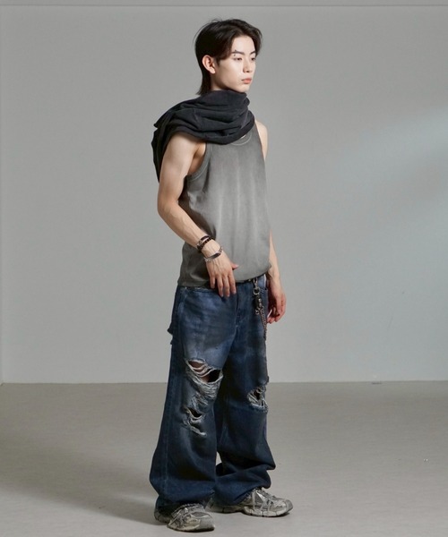 Chikashitsu +(チカシツプラス)の「【Chikashitsu +】oiled wash destroy denim pants / 【チカシツプラス】オイルドウォッシュデストロイデニムパンツ(デニムパンツ・メンズ・ブルー・M/S/L)」の13枚目の写真