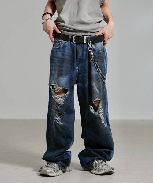 Chikashitsu +(チカシツプラス)の「【Chikashitsu +】oiled wash destroy denim pants / 【チカシツプラス】オイルドウォッシュデストロイデニムパンツ(デニムパンツ・メンズ・ブルー・M/S/L)」の15枚目の写真