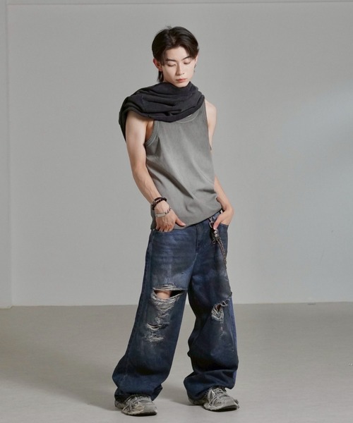 Chikashitsu +(チカシツプラス)の「【Chikashitsu +】oiled wash destroy denim pants / 【チカシツプラス】オイルドウォッシュデストロイデニムパンツ(デニムパンツ・メンズ・ブルー・M/S/L)」の11枚目の写真