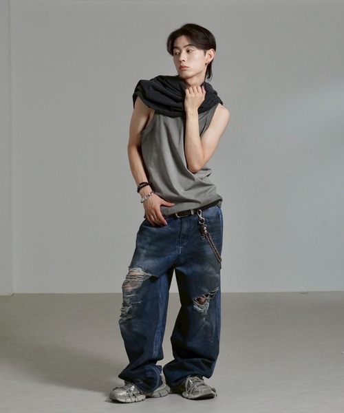 Chikashitsu +(チカシツプラス)の「【Chikashitsu +】oiled wash destroy denim pants / 【チカシツプラス】オイルドウォッシュデストロイデニムパンツ(デニムパンツ・メンズ・ブルー・M/S/L)」の10枚目の写真
