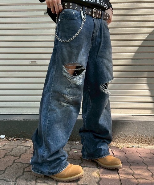 グランジ クラッシュデニム バギーシルエット 極太 ウォッシュ加工