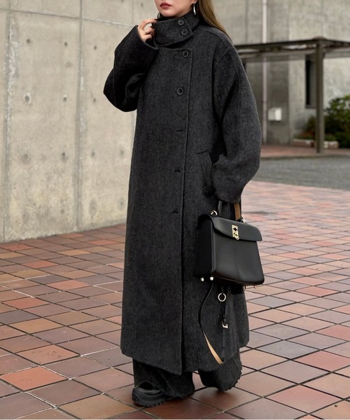 LAULEN(ローレン)の「stand collar wrap belted long coat /スタンドカラーラップベルト付きロングコート(ステンカラーコート・レディース・オリーブ/チャコールグレー・FREE)」の1枚目の写真