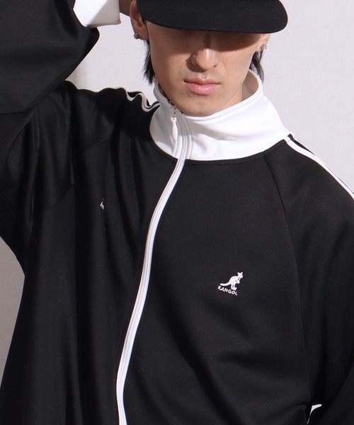 KANGOL(カンゴール)の「【KANGOL/カンゴール】別注 ダンボールニット ラグランスリーブ 袖ライン トラック ジャケット(ジャージ・メンズ・ネイビー/チャコールグレー/ホワイト×ブラック/ブラック/ホワイト×ネイビー/ベージュ・M/XL/L)」の4枚目の写真