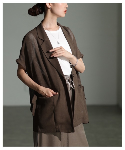 Sawa a la mode(サワアラモード)の「サイドリボンテーラードメッシュジャケット(テーラードジャケット・レディース・モカ/ブラック・FREE)」の5枚目の写真
