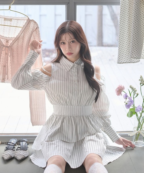 セール】Assortment ribbon open shoulders shirt dress / アソート