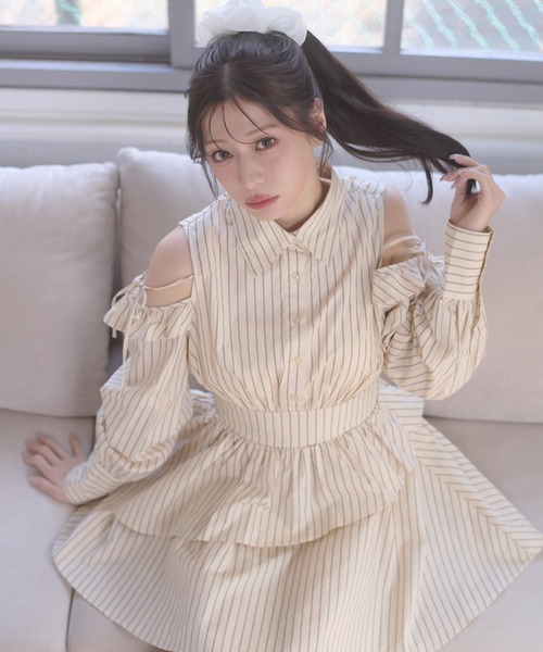 セール】Assortment ribbon open shoulders shirt dress / アソート