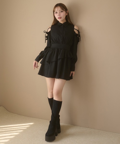 ★Aki新作リボン付きブラックコートワンピースセット アソートリボンカタアキシャツワンピース（シャツワンピース）｜Ambre