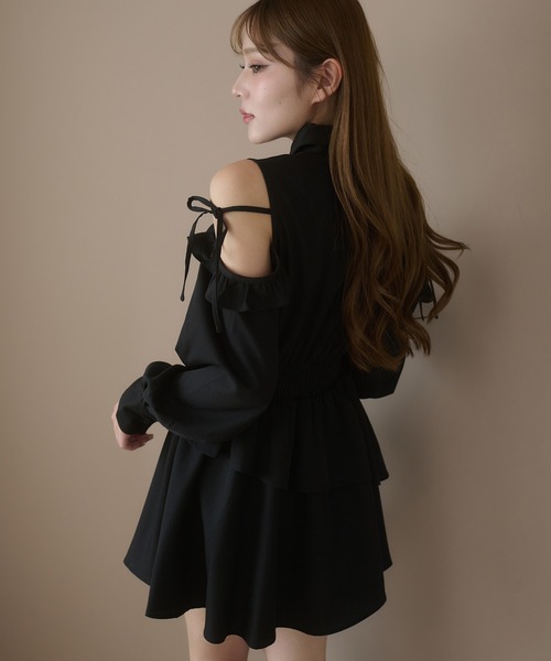 ★Aki新作リボン付きブラックコートワンピースセット アソートリボンカタアキシャツワンピース（シャツワンピース）｜Ambre