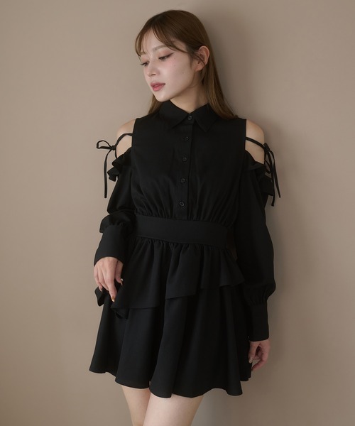 ★Aki新作リボン付きブラックコートワンピースセット アソートリボンカタアキシャツワンピース（シャツワンピース