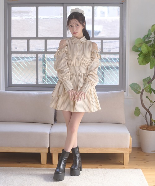 セール】Assortment ribbon open shoulders shirt dress / アソート