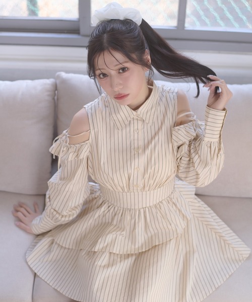 セール】Assortment ribbon open shoulders shirt dress / アソート