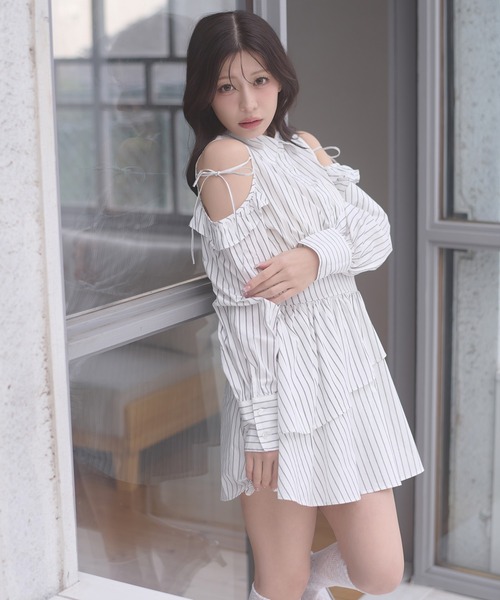 セール】Assortment ribbon open shoulders shirt dress / アソート