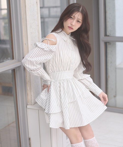ディアシスター♡バックリボンネルシャツ Ambre Neige（アンブルネージュ） ワンピース back ribbon flare shirt