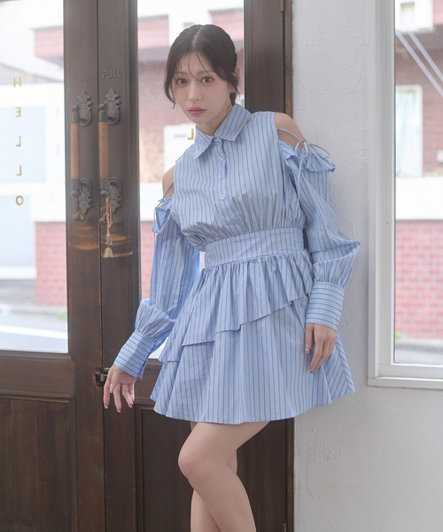 セール】Assortment ribbon open shoulders shirt dress / アソート