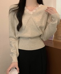 Diosfront（ディオスフロント）の「レースドッキングVネックニットプルオーバー（ニット/セーター）」