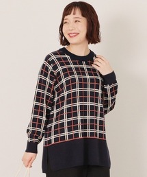 【WEB/一部店舗限定】【LL~6L 大きいサイズ】 チェック切替えニットチュニック