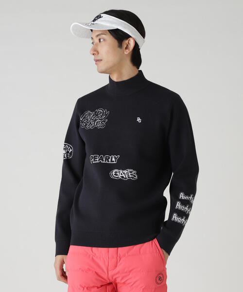 PEARY GATES 14GダブルJQ×ワッペン風ハイネックニットプルオーバー PEARLY GATES】14GダブルJQ×ワッペン風ハイネックニットプルオーバー