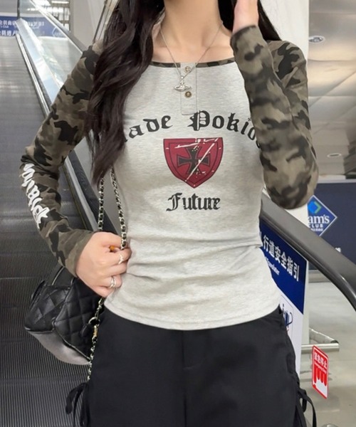 MEMECLE（メメクル）の「【 MEMECLE / メメクル 】Y2K カモ ラグラントップス（Tシャツ/カットソー・レディース・ホワイト/グレー/ブラック・FREE）」の12枚目の写真