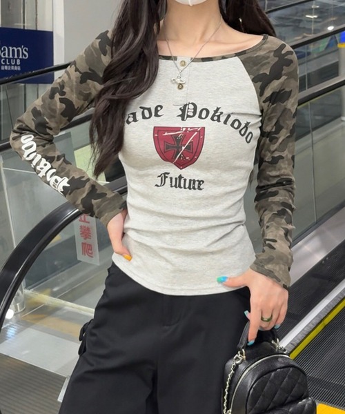MEMECLE（メメクル）の「【 MEMECLE / メメクル 】Y2K カモ ラグラントップス（Tシャツ/カットソー・レディース・ホワイト/グレー/ブラック・FREE）」の13枚目の写真
