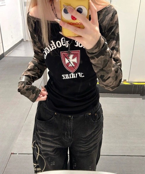 MEMECLE（メメクル）の「【 MEMECLE / メメクル 】Y2K カモ ラグラントップス（Tシャツ/カットソー・レディース・ホワイト/グレー/ブラック・FREE）」の7枚目の写真
