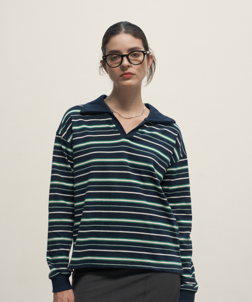 320SHOWROOM(320ショールーム)の「Stripe Open collar Rugby Shirt Navy(ポロシャツ・レディース・その他・FREE)」の1枚目の写真