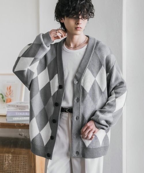 レア✨総柄カーディガン セール】総柄モヘアライクニットVネックカーディガン（カーディガン