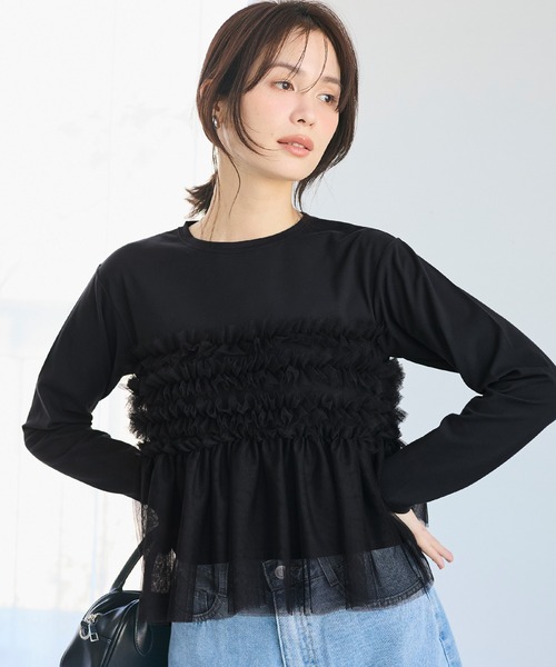 coca(coca)(コカ)の「シルキータッチチュールドッキング長袖Tシャツ(Tシャツ/カットソー・レディース・ホワイト/ブラック・L/M/S)」の1枚目の写真