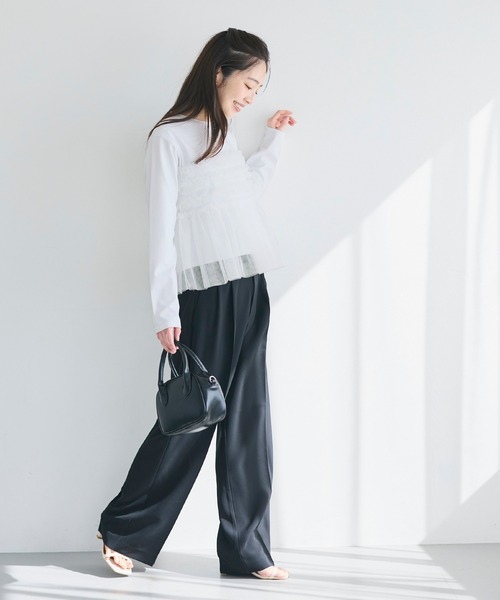 coca(coca)(コカ)の「シルキータッチチュールドッキング長袖Tシャツ(Tシャツ/カットソー・レディース・ホワイト/ブラック・L/M/S)」の6枚目の写真