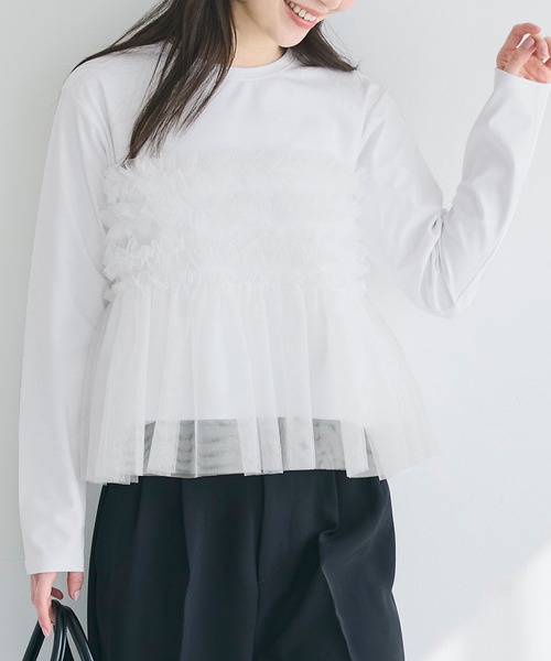 coca(coca)(コカ)の「シルキータッチチュールドッキング長袖Tシャツ(Tシャツ/カットソー・レディース・ホワイト/ブラック・L/M/S)」の8枚目の写真