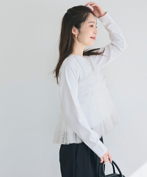 coca(coca)(コカ)の「シルキータッチチュールドッキング長袖Tシャツ(Tシャツ/カットソー・レディース・ホワイト/ブラック・L/M/S)」の9枚目の写真