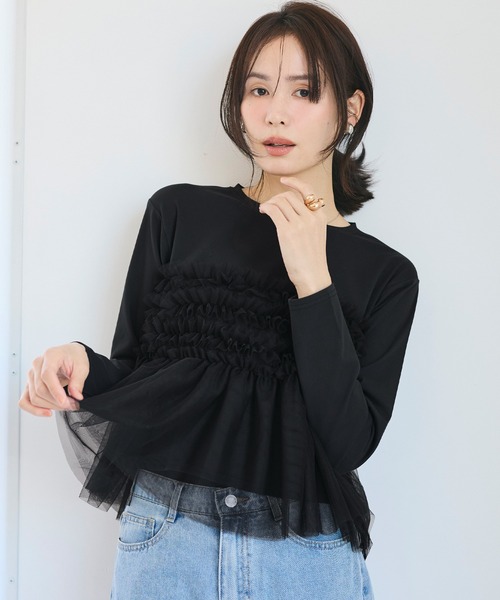 coca(coca)(コカ)の「シルキータッチチュールドッキング長袖Tシャツ(Tシャツ/カットソー・レディース・ホワイト/ブラック・L/M/S)」の13枚目の写真