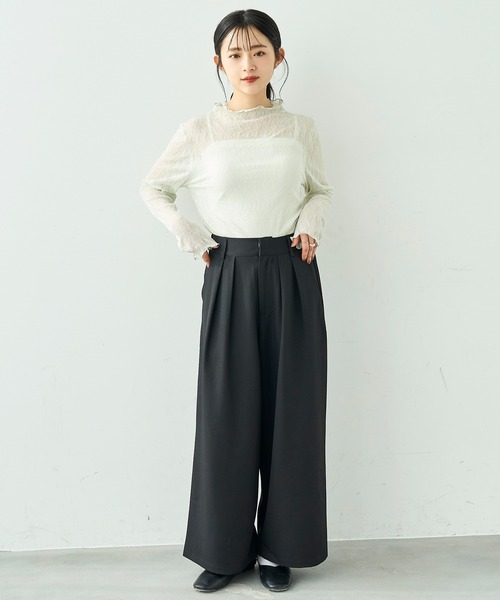mil(ミル)の「ワイドシルエット ダブルタックパンツ【586132】(スラックス・レディース・ブラック/チャコールグレー/ライトグリーン/モカ・FREE/S-Short/S-Regular/M-Short/M-Regular)」の5枚目の写真