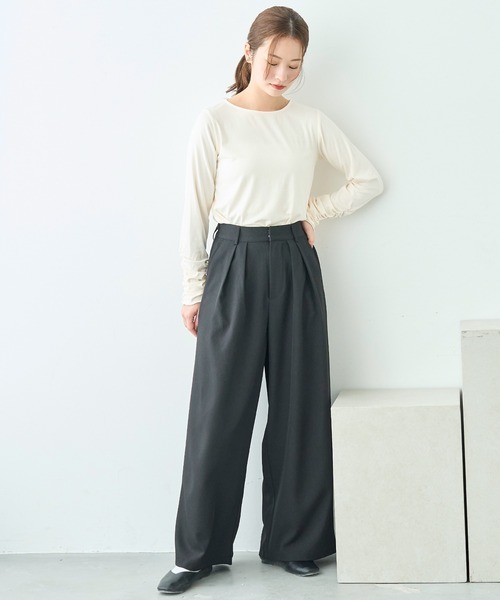 mil(ミル)の「ワイドシルエット ダブルタックパンツ【586132】(スラックス・レディース・ブラック/チャコールグレー/ライトグリーン/モカ・FREE/S-Short/S-Regular/M-Short/M-Regular)」の9枚目の写真